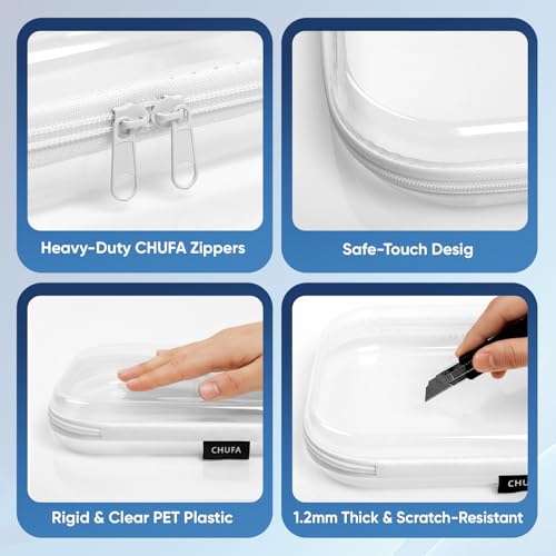 6 Pack Clear Hard Shell Zipper Case, See-Through Hard Plastic Organizer Pouches for Travel – Toiletries, Makeup, Electronics & Pencils, Crush-Resistant Storage, 3 Sizes (2 Small/2 Medium/2 Large)