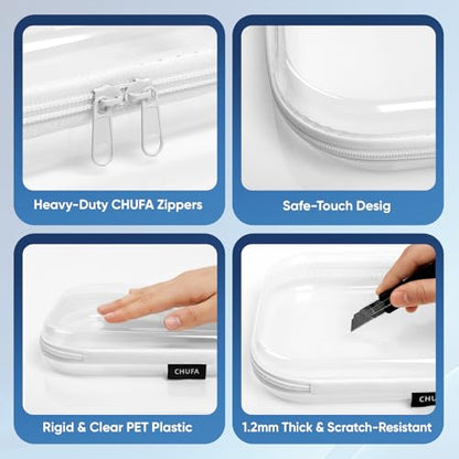 6 Pack Clear Hard Shell Zipper Case, See-Through Hard Plastic Organizer Pouches for Travel – Toiletries, Makeup, Electronics & Pencils, Crush-Resistant Storage, 3 Sizes (2 Small/2 Medium/2 Large)