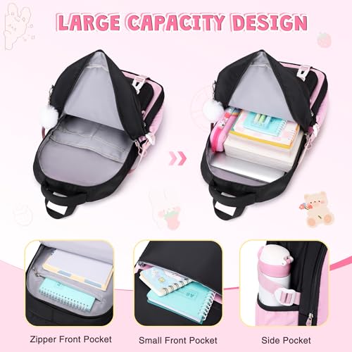 DIGOBAY 3PCS Girls Backpack for School, Kids Backpack for Girls with Lunch Box Pencil Case Set for Teen Girl Elementary Primary Middle High College School Bookbag with Cute Pins (Black-Pink) - color: Black-pink