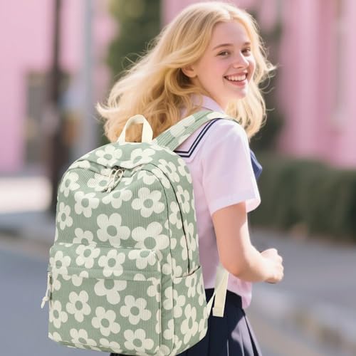Bluboon School Backpack Set Girls Womens Laptop Bookbag Casual Daypack Fits 15 inch Laptop with Lunch Tote Bag and Pencil Bag - color: Beige Floral / Green-gray Base