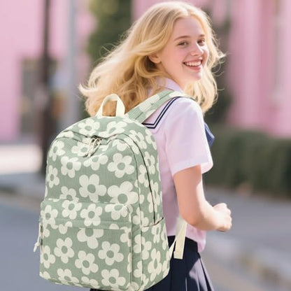 Bluboon School Backpack Set Girls Womens Laptop Bookbag Casual Daypack Fits 15 inch Laptop with Lunch Tote Bag and Pencil Bag - color: Beige Floral / Green-gray Base