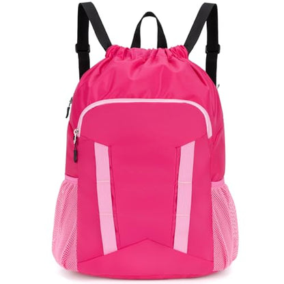 Drawstring Backpack Bag, Sport Gym Sackpack with Shoes Compartment - color: Pink