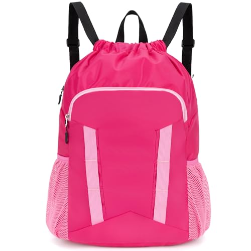 Drawstring Backpack Bag, Sport Gym Sackpack with Shoes Compartment - color: Pink