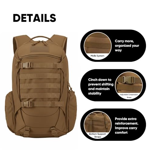 35L Tactical Backpack for Men, MOLLE Military Bug Out Bag, Waterproof Rucksack for Hiking with Hydration Port Tan - color: Tan