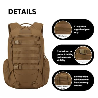 35L Tactical Backpack for Men, MOLLE Military Bug Out Bag, Waterproof Rucksack for Hiking with Hydration Port Tan - color: Tan