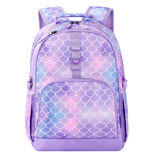 Choco Mocha Kids Backpack for Girls Mermaid Backpack Kids Elementary School Backpack for Girls Ages 6-8 Kid Bookbag 17 Inch with Chest Strap, Purple - color: Mermaid-purple