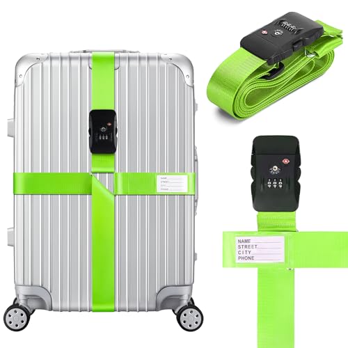 Luggage Straps TSA Approved with Combination Lock, Adjustable Suitcase Belts for 20"-32" Luggage, with Name ID Card for Identify, Travel Airport Accessories for Checked Bags (Cross Green) - color: Cross Green
