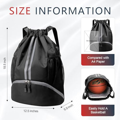 PinCute Drawstring Backpack for Women Men, Gym Bag for Soccer, Basketball, Swim, Beach, Water-Resistant Sports Backpack with Wet Pocket and Shoe Compartment, Black - color: Black