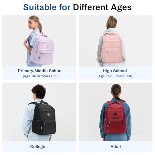 Sisipoet School Backpack for Girls, Lightweight Kids Bookbag Classic College Backpack for Teen Women with Luggage Strap, Age 8-18 Years Old, Pink - color: Pink