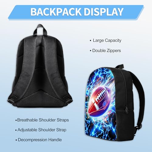 3PCS Boys Backpack, Kids Back To School Backpack with Lunch Box Pencil Case Set, Cool Football Backpack for Boys Teens, 17" Schoolbag Bookbag for Elementary Middle High School Students - color: Light Football