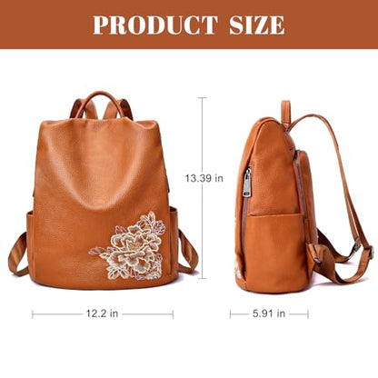 BOYATU Genuine Leather Backpack for Women: Elegant Floral Designer Purse - Small Shoulder Bag for Travel (Brown) - color: Z-brown