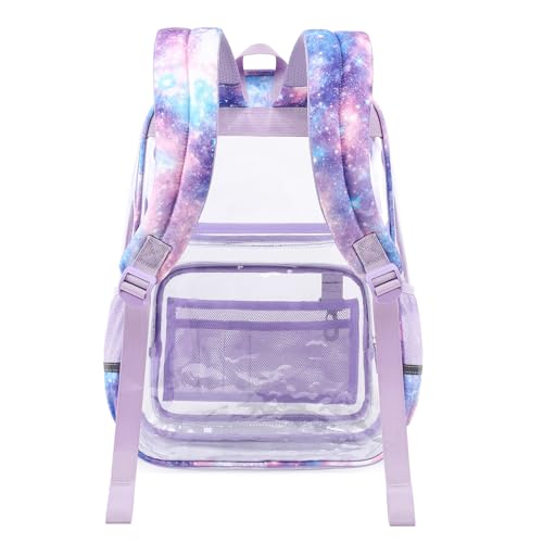 Sisipoet Clear Backpack for Girls with Starry Sky Print, Heavy Duty Transparent Bookbag for School, Stadium, and Concert, Purple - color: Purple/Starry