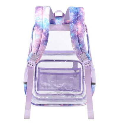 Sisipoet Clear Backpack for Girls with Starry Sky Print, Heavy Duty Transparent Bookbag for School, Stadium, and Concert, Purple - color: Purple/Starry
