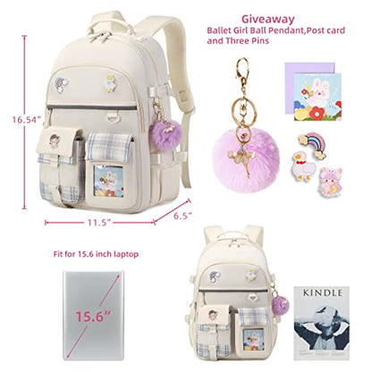 Backpack for Girls, 15.6 Inch Laptop School Bag Kids Kindergarten Elementary College Backpacks Large Bookbags for Teen Girl Women Students Casual Travel Daypacks (Beige) - color: Beige