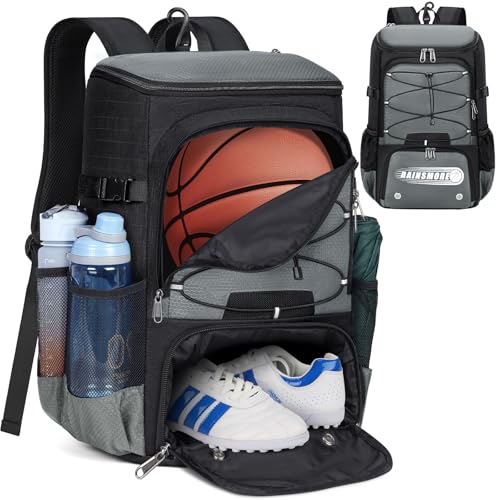 RAINSMORE Basketball Backpack 45L Basketball Bag with Separate Ball Holder & Shoes Compartment Water Resistant Sports Bag Basketball Equipment Bags Fit Volleyball, Soccer, Swim, Gym, Travel - color: Grey