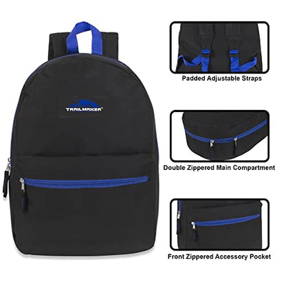 Trail maker 24 Pack- Classic 17 Inch Backpacks in Bulk Wholesale Back Packs for Boys and Girls (Black Color Trim Pack) - color: Black Color Trim Pack
