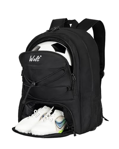 WOLT Soccer Backpack Soccer Bag with Ball Holder & Shoes Compartment, Sport Equipment Bags For Football, Basketball, Volleyball, Gym - color: Black