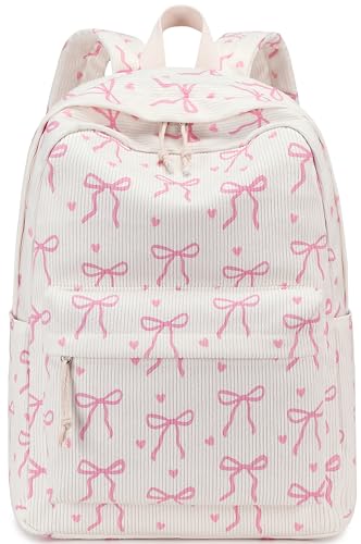 LEDAOU School Backpack for Teen Girls Elementary Middle School Bookbag Kids Backpacks 15.6 in Laptop Backpack Travel Daypack - color: A-bow Tie Love Beige