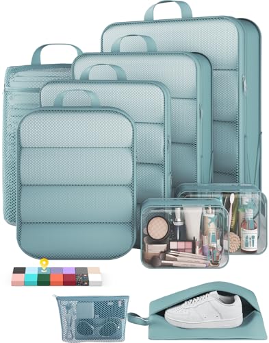 Veken 9/11 Set Compression Packing Cubes for Travel Essentials,Compressible Expandable Large Luggage Suitcase Organizer Bags for Clothing,Space Saver Bags with Over 1000 pcs of Mesh Holes(Blue Gray) - color: Blue Gray, size: 9 set