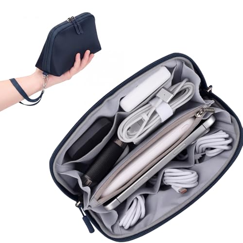 FYY Travel Cable Organizer - 8 Compartments Lightweight Water Resistant Tech Pouch with Wrist Strap, Portable Electronic Accessories Case for Cord Charger Storage for Travel Home Office, Navy (Small) - color: Navy, style: S