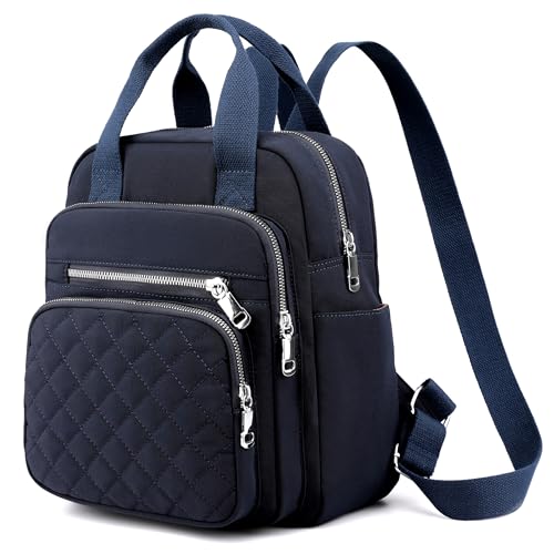 Small Backpack for Women Casual Quilted Square Bag Waterproof Multi Pockets Daypack Lightweight Top Handle Satchel - color: Dark Blue