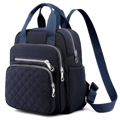 Small Backpack for Women Casual Quilted Square Bag Waterproof Multi Pockets Daypack Lightweight Top Handle Satchel - color: Dark Blue
