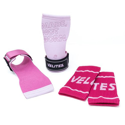 Velites - Official Games Quad Pro Grips - with Chalk - Wristbands Included - Pull-ups, Muscle-ups, and Toes-to-bar - color: Pink, size: Medium