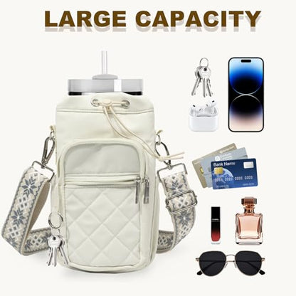 Water Bottle Holder with Strap, 32oz 40oz Insulated Water Bottle Carrier Bag, Purse Crossbody Sling Bag with Phone Pocket for Walking Hiking - color: white