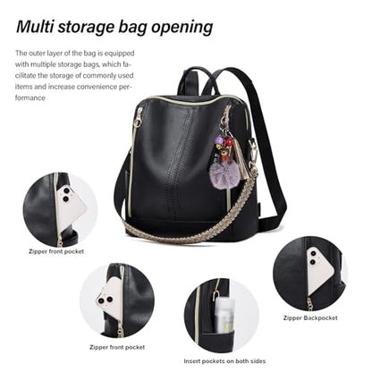 Makes Backpack Purse for Women PU Leather Travel Satchel Handbag Convertible Design Bag with Purse - color: Black Quadruple Zipper
