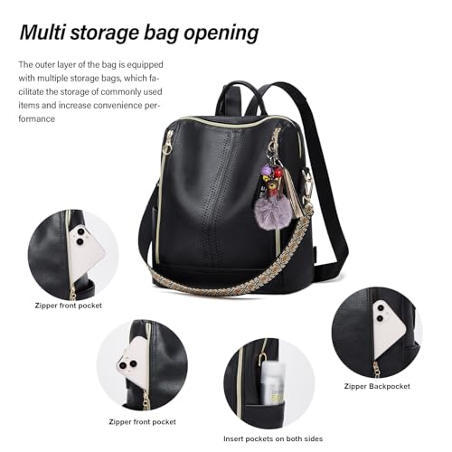 Makes Backpack Purse for Women PU Leather Travel Satchel Handbag Convertible Design Bag with Purse - color: Black Quadruple Zipper