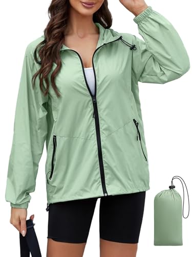 PITINAN Lightweight Rain Jacket Women Packable Wind Breaker Light Rain Jacket Women Waterproof Travel Raincoat S-XXL - color: Sage Green, size: Medium