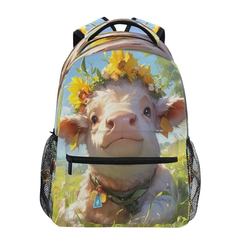 Backpacks for Teens Boys Girls Waterproof Stylish Travel Bags with Chest Strap for Business Work College Travel Trip A Highland Calf with A Flower Crown Featuring Its Cute and Fur Against A Grassy - color: Multicolor07