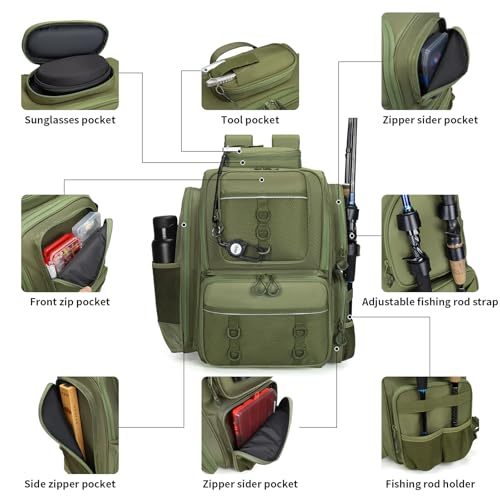 WANOON Fishing Backpack,Tackle Bag,with Tackle Boxes. Large Fishing Bag, Strong Materials - color: Army Green, size: 42L-With Tackle Boxes