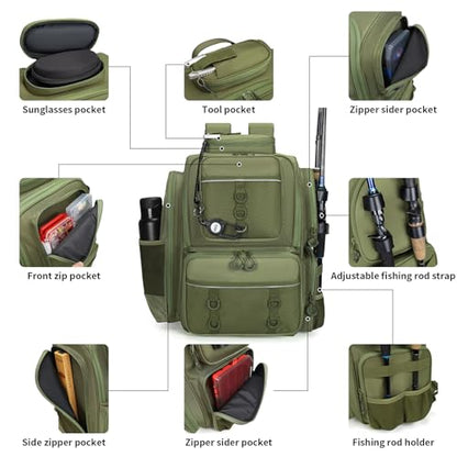 WANOON Fishing Backpack,Tackle Bag,with Tackle Boxes. Large Fishing Bag, Strong Materials - color: Army Green, size: 42L-With Tackle Boxes