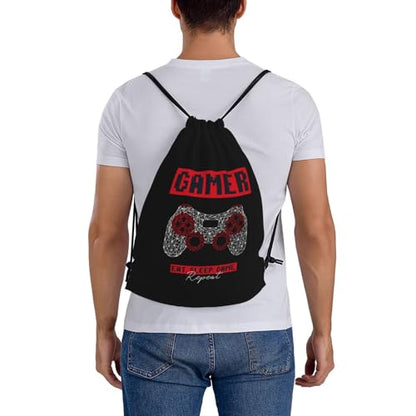 Gamer Eat Sleep Repeat Unisex Drawstring Backpack Bag Sport Gym Travel Swim Sackpack - color: Gamer Eat Sleep Repeat