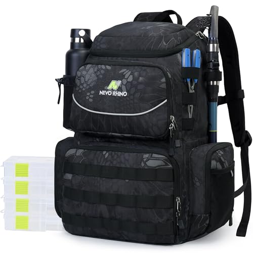 N NEVO RHINO Fishing Tackle Backpack with Rod Holders, 40L Large Fishing Bag with Waterproof Rain Cover,Outdoor Tackle Bag - color: Camouflage Black Pack with 4 Trays, size: Pack with 4 Trays
