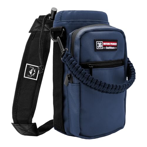 NATURE PIONEOR Water Bottle Holder with Adjustable Strap - 26/32/36/40/46/64oz Insulated Water Bottle Sling Carrier with Paracord Handle & 2 Pockets, Outdoor Sports, Hiking, Camping, Gym - color: Navy, size: 32-36oz
