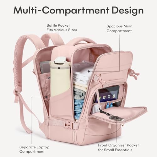 mibasies 40L Travel Backpack for Women & Men: Flight Approved Carry On Backpack, TSA Personal Item Bag with Water Bottle Pocket, Weekender Essentials Backpacks fits 17" Laptop - Pink - color: Pink, size: X-Large