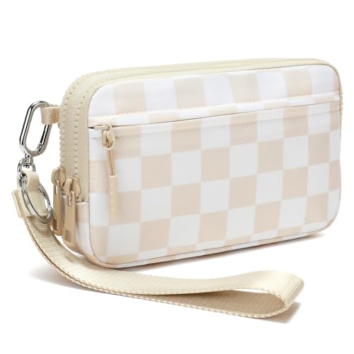 FODOKO Wristlet wallets for women Nylon Quilted Wallet with 4 Zippers,Travel Credit Card,Holder Cell Phone Organizer - color: Beige