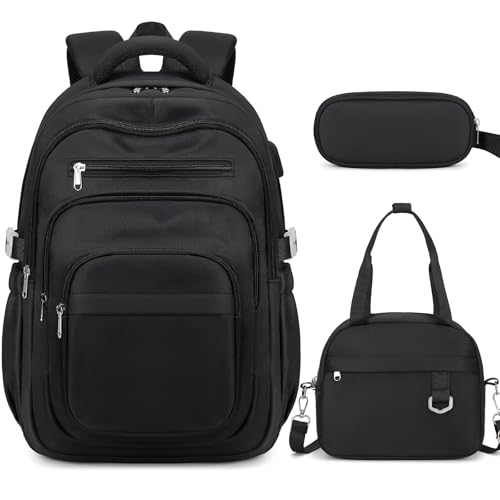 DIGOBAY Backpack for School Girls Boys, College Backpack with Lunch Bag Pencil Case for Teens Kids Elementary Middle High School, Casual Multi-Pocket Travel Daypack with USB Port for Women Men Black - color: Black
