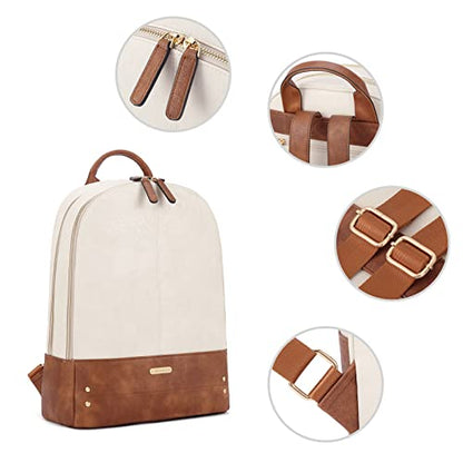 CLUCI Laptop Backpack for Women Leather 15.6 inch Computer Backpack Travel Vintage Large Bag Beige With Brown