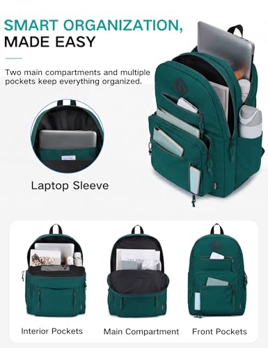 VASCHY School Backpack,Two Compartments Daypack Bookbag Schoolbag for High School Teen Boy Girls/College/Work/Men Women Green - color: Green