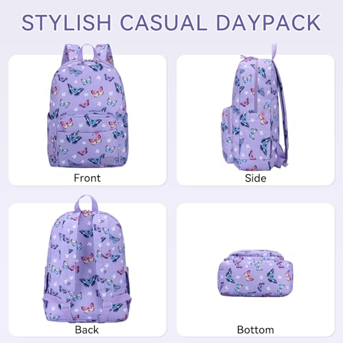 VASCHY School Backpacks, Lightweight Bookbag Schoolbag for Kid Girls Casual Basic Simple Daypack for Teen Girls Butterfly - color: Lavender Butterflies
