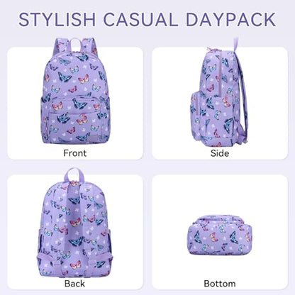 VASCHY School Backpacks, Lightweight Bookbag Schoolbag for Kid Girls Casual Basic Simple Daypack for Teen Girls Butterfly - color: Lavender Butterflies
