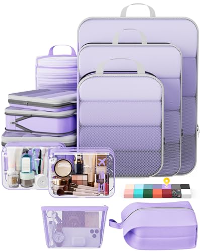 Veken 11-Pack Compression Packing Cubes for Travel Essentials,Compressible Expandable Large Luggage Suitcase Organizer Bags for Clothing,Durable Space Saver Bags with Toiletry Bags(Light Purple) - color: Light Purple, size: 11 set