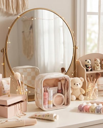 Clear Checkered Makeup Bag, Small Cosmetic Pouch with Zipper Mini Waterproof Makeup Purse Organizer Cute Cosmetic Bag Travel TSA Approved Toiletry Bag Car Organizer for Women Girls (Beige) - color: Beige