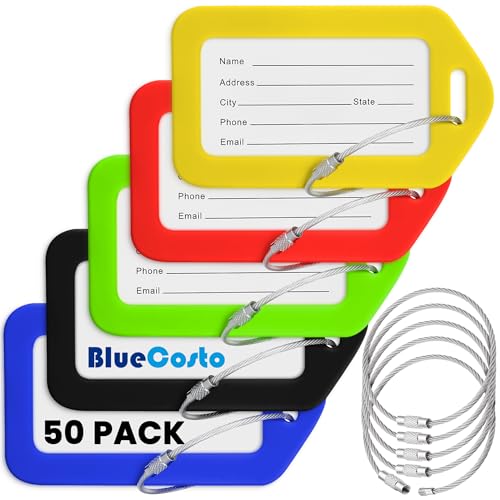 BlueCosto - Luggage Tags - Multicolored, 50 Pack - Suitcase Tags with Name ID Card & Heavy-Duty Metal Wire Loops - Bright Colored PVC Identifiers for Travel Baggage - Backpack Name Labels - color: Multicolored, size: 50