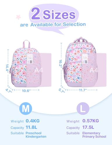 VASCHY Kids Backpacks, 12L Toddler & 17.5L School Backpacks, Lightweight Water-Resistant for Boys and Girls Ages 3-12 - color: Lilac Bloom-l, size: Large