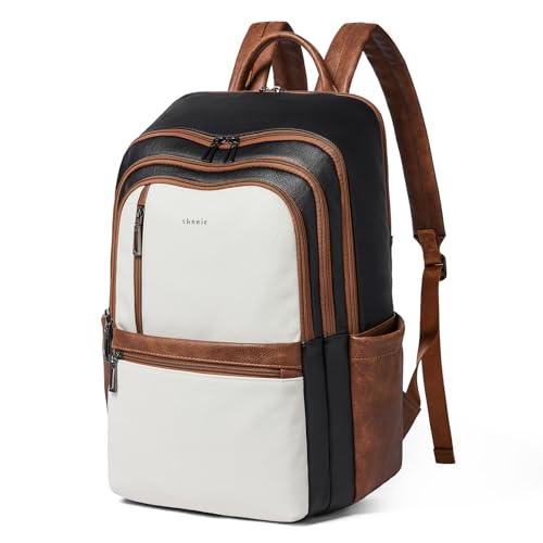Shrrie Leather 17 inch Laptop Backpack for Women, Large Travel Backpack Purse for Casual Daypack College Work Bag - color: Black With Brown and White