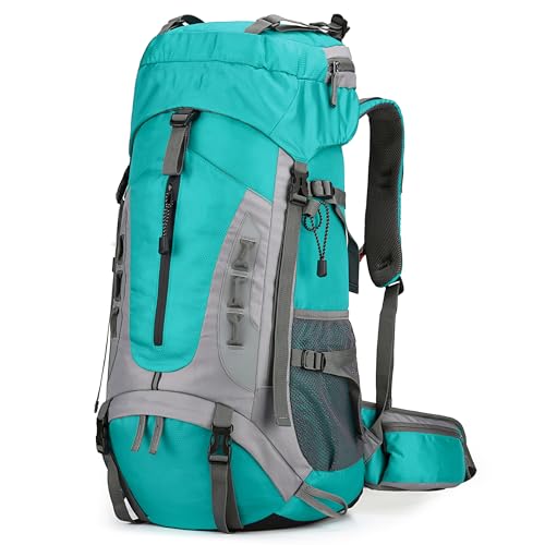 75L Hiking Backpack with Rain Cover Waterproof Camping Backpack Shoes Warehouse for Men Women, Frameless - color: Lakeblue, size: 60L